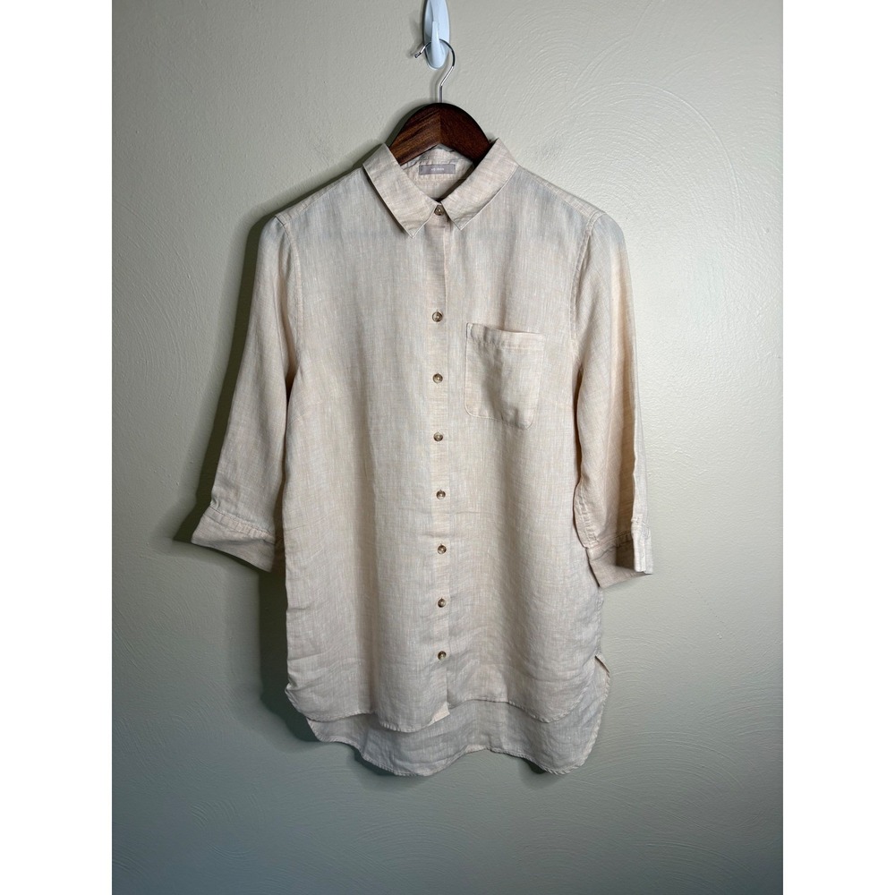 Chico's Linen Button Down Shirt Womens 1 Beige No Iron 3/4 Sleeve Coastal Top